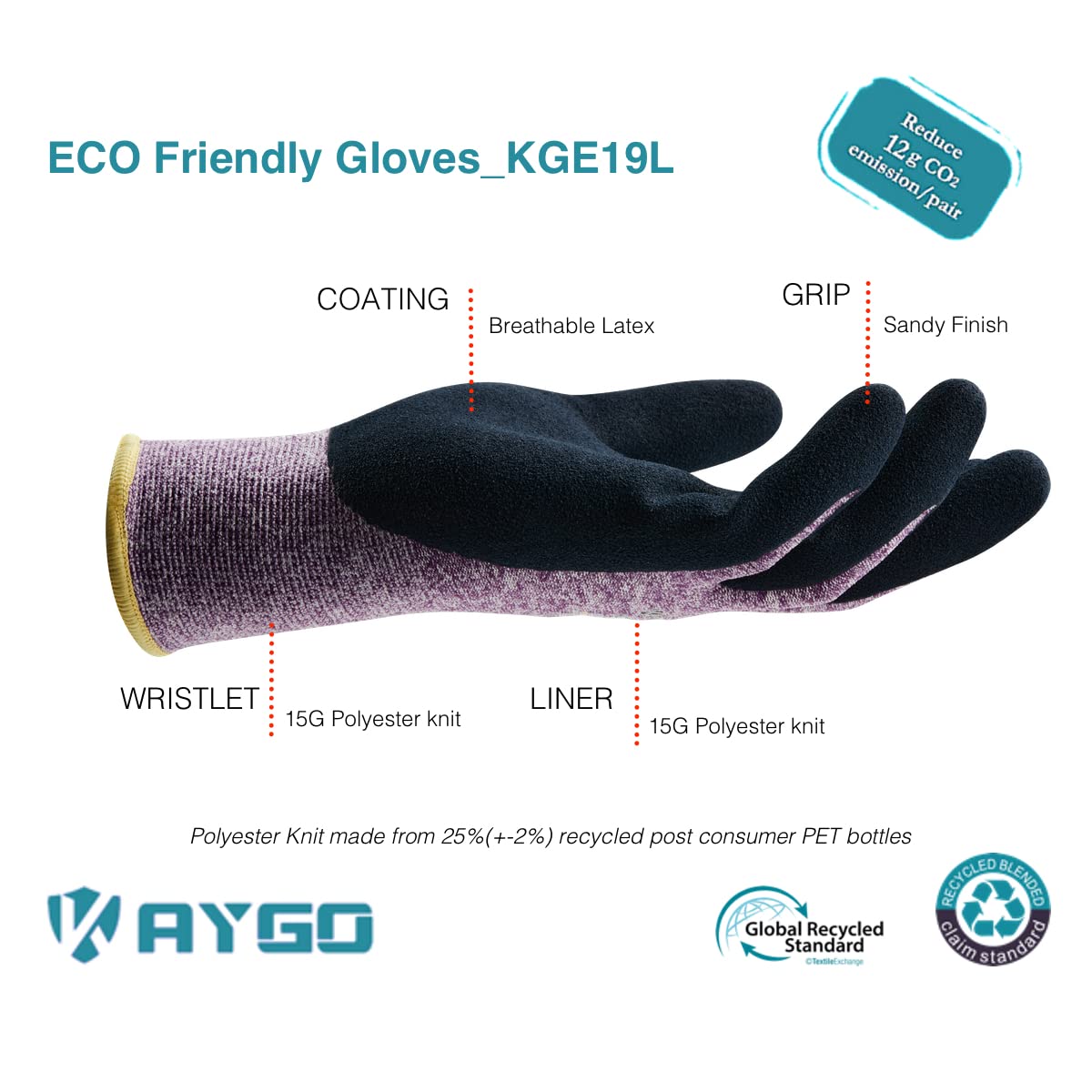 KAYGO Latex Coated Work Gloves for Women Breathable 12 works Recycled Polyester Gardening Gloves - Image 3