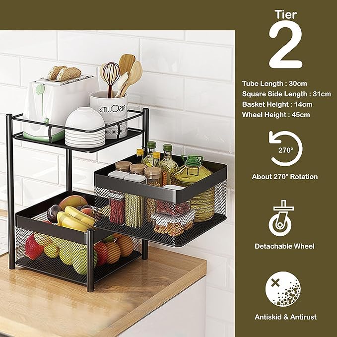 Image of KITCHIVO Kitchen Storage Rack | Revolving Vegetable Rack | Square Multipurpose Storage Trolley with Wheels | Metal Fruit Rack (Black, 2 Layer)