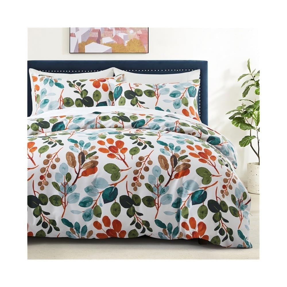 VHKJewE Colorful Botanical Print Bedding Set Reversible Leaves Pattern Duvet Cover with Pillowcases, Zipper and Ties Set(US Queen(229x229cm))
