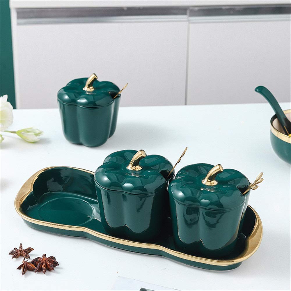 Bocaux à épices Boîte d'assaisonnement Sucrier Boîte d'assaisonnement Ensemble de stockage en céramique Bocal à épices nordique avec couvercle Pots à condiments Sel Poivre Récipient (Color : Green, Si