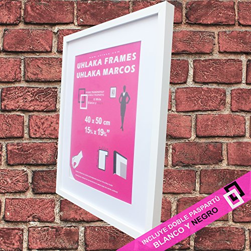 Uhlaka Marco Blanco 40x50x3 cm + Doble paspartú Blanco y Negro para Fotos y láminas A3. Perfil Exterior Ancho: 3 cm.