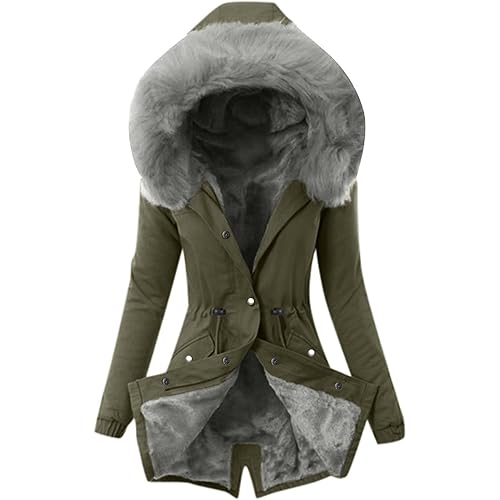 Womens Winter Coats Mid Length Sherpa Lined Warm Heavy Jackets Thickened Windproof Outerwear With Fur Hood