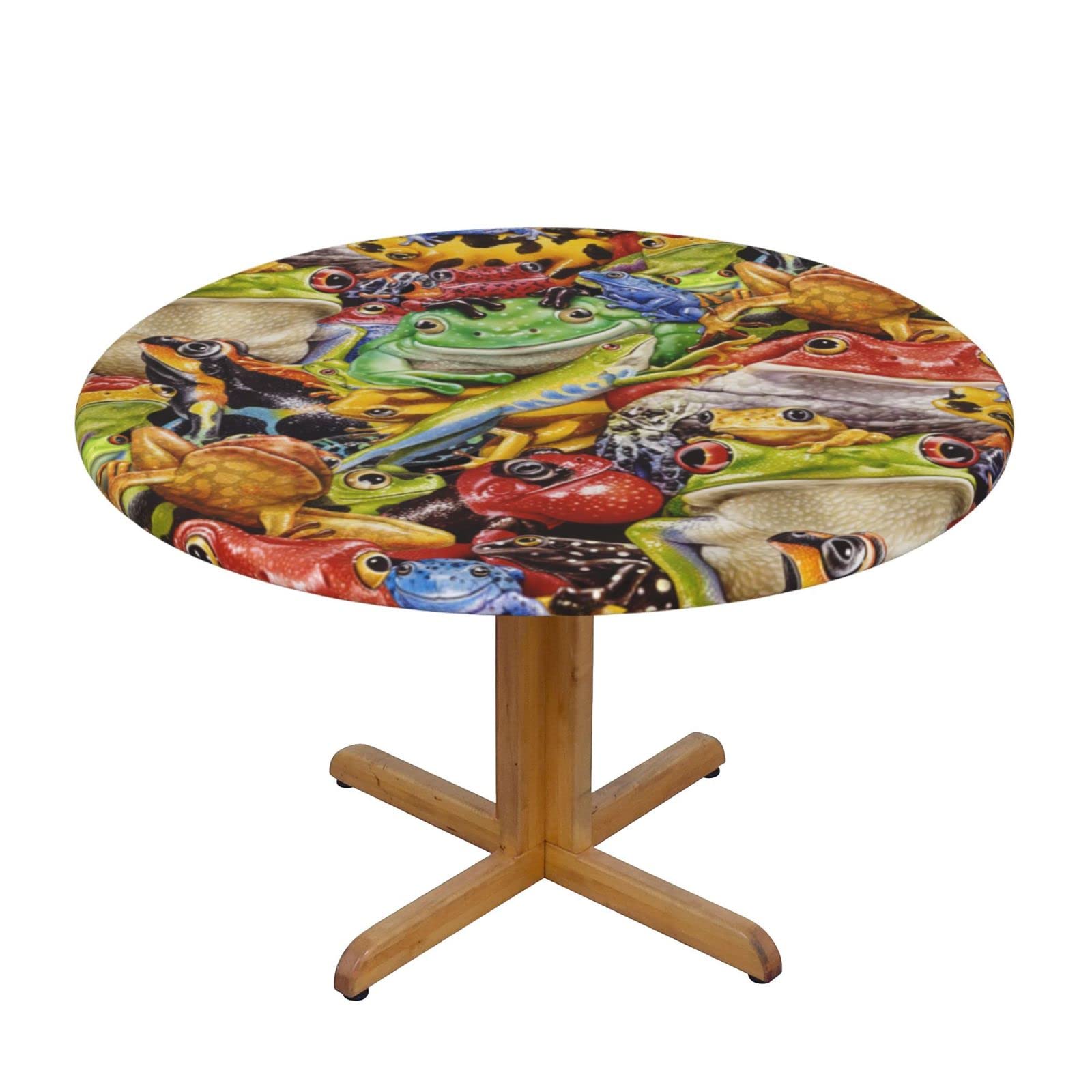 Lsjuee Round Fitted Tablecloth 40-44in Elastic Edged Table Cloth for Kitchen Dining Party Home Decor - Bright Colored Frog
