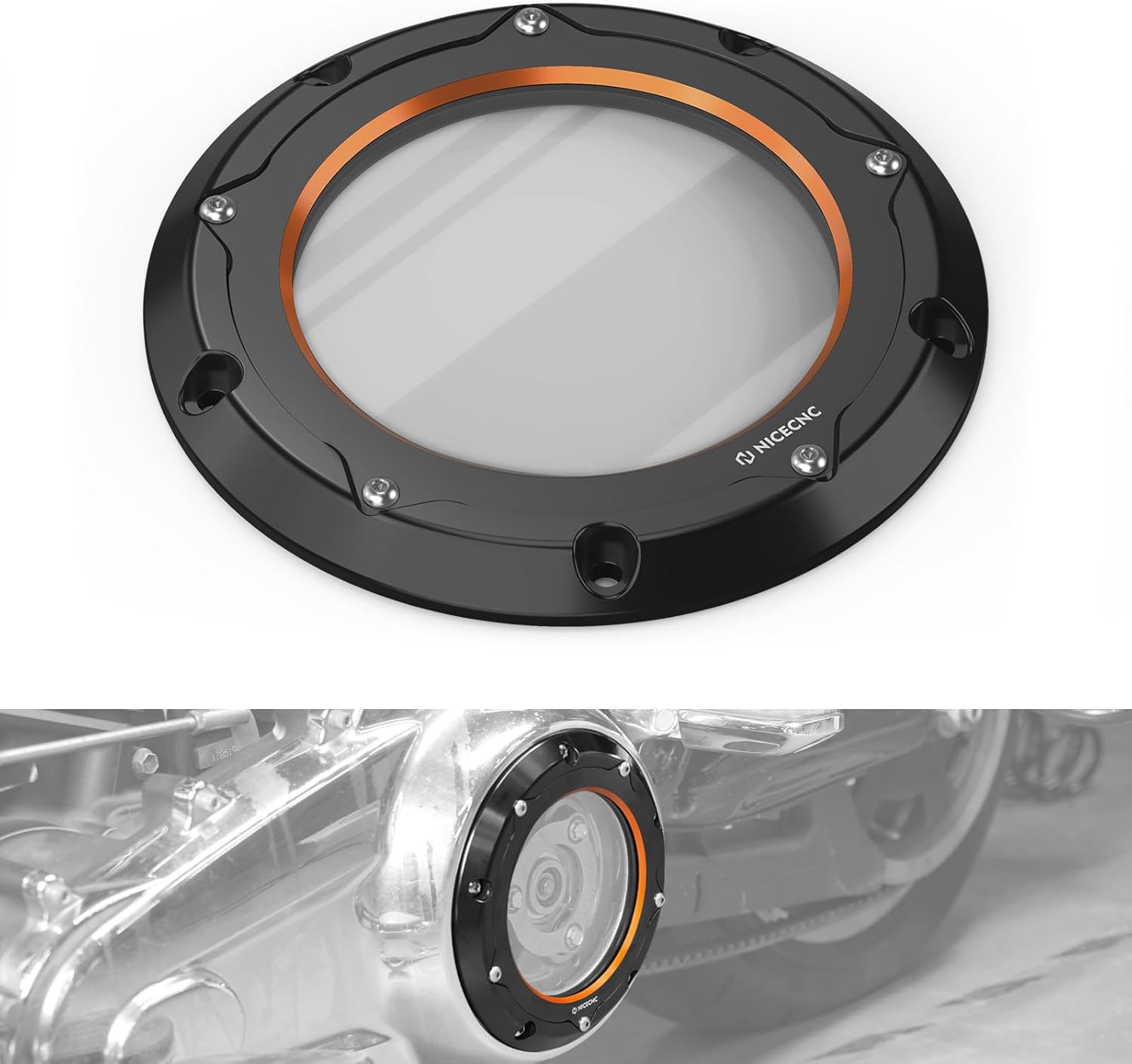 NICECNC Orange Transparent Derby Cover Clutch Cover Primary Side Cover Aluminum CNC Compatible with Harley Ultra Limited Low FLHTKL 2017-2024, Replacement for 25700388, See Fitments