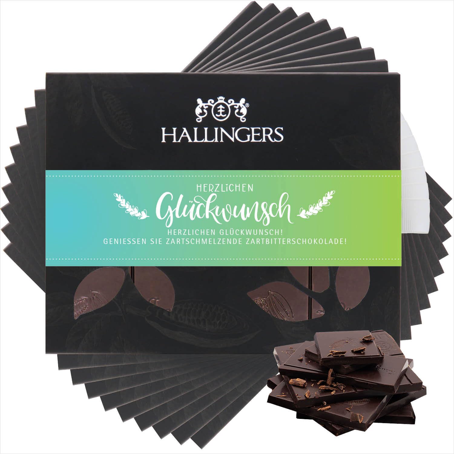 Hallingers Genuss Manufaktur Vegane Schokolade Glückwunsch-Geschenk - Tafel handgeschöpfter Edelkakao ohne Alkohol edler Karton 10x "Herzlichen Glüc..." Pur 85%, Geschenkidee für Frauen Männer