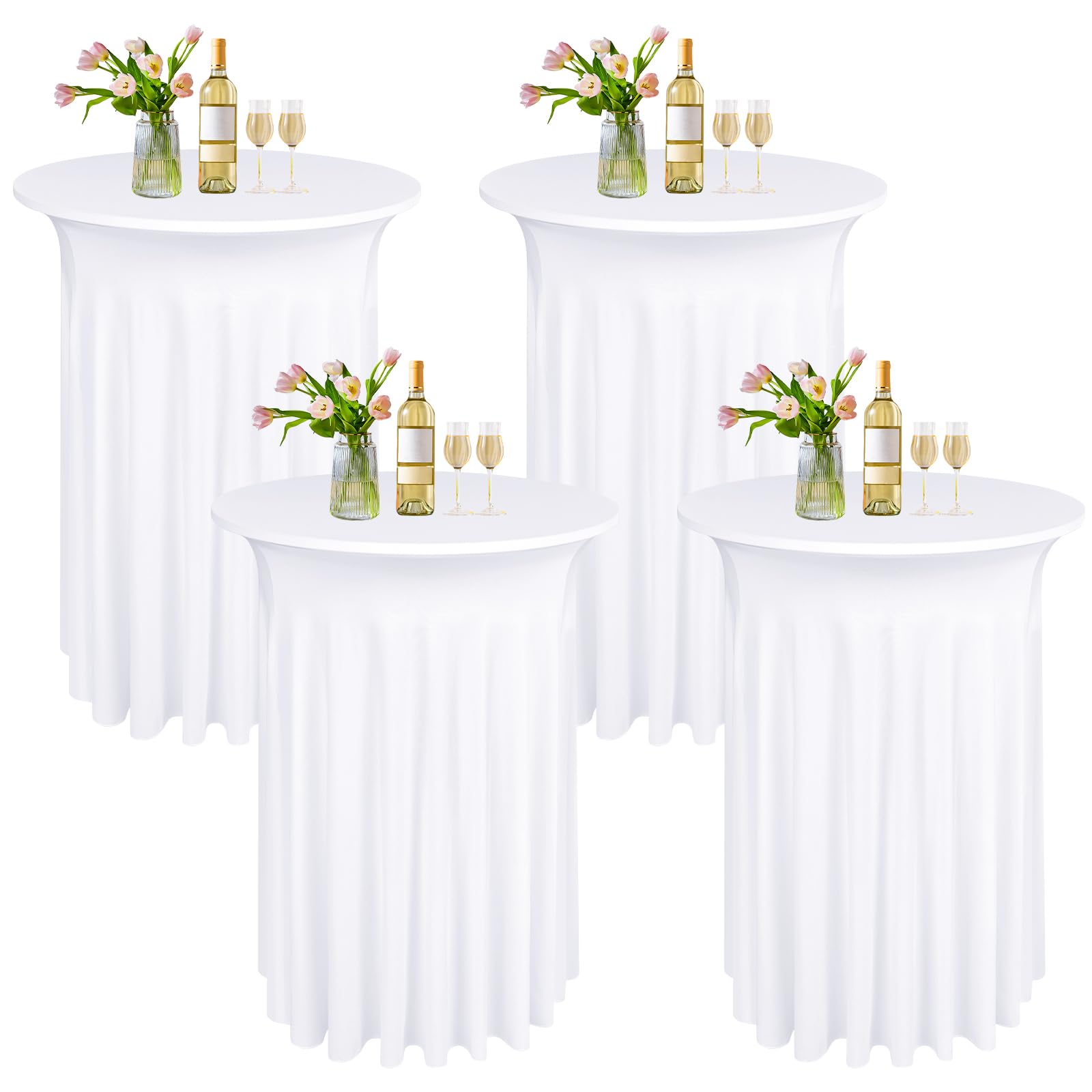 Photo 1 of LOKUME 4 Pack Round Cocktail Table Skirts 32 x 43 Inch White Spandex Stretch Cocktail Tablecloth with Wavy Drapes Stretch Fitted Round High Top Table Covers for Wedding Bar Party Banquet (Red)