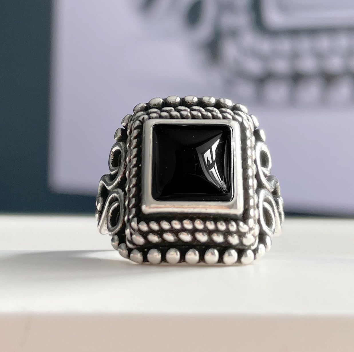Square Stone Ring,Vintage Retro Sterling Silver Natural Crystal Quartz Gemstone Solitaire Boho Bohemian Ring Jewelry for Women Her