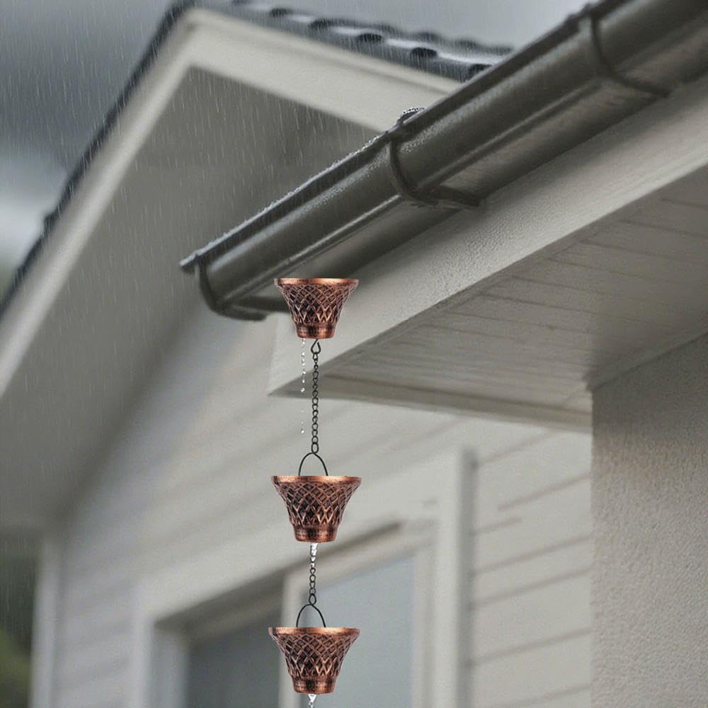 Catene da pioggia per esterni, catena per grondaia da 2,8 m, con 12 tazze a imbuto, catena di ricambio per grondaie, catena raccogli pioggia regolabile con campana per decorazioni da giardino