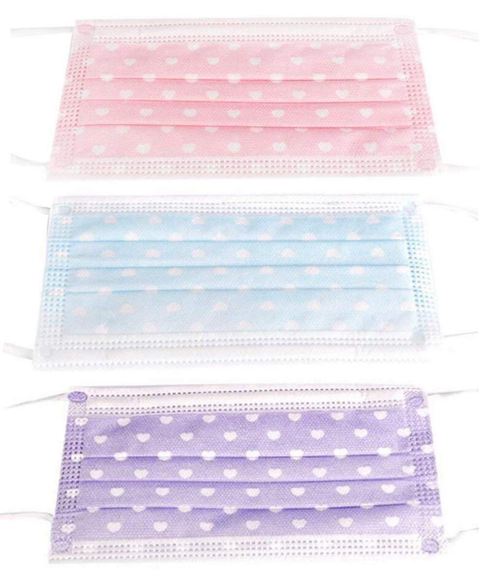30PCS Assorted Colors 3 Layer Heart-shaped Print Non-woven Fabric Disposable Surgical Anti Dust Filter Ear Loop Mouth Cover Beauty Nail Salon Half Face Masks Cover for Women Girls Kids
