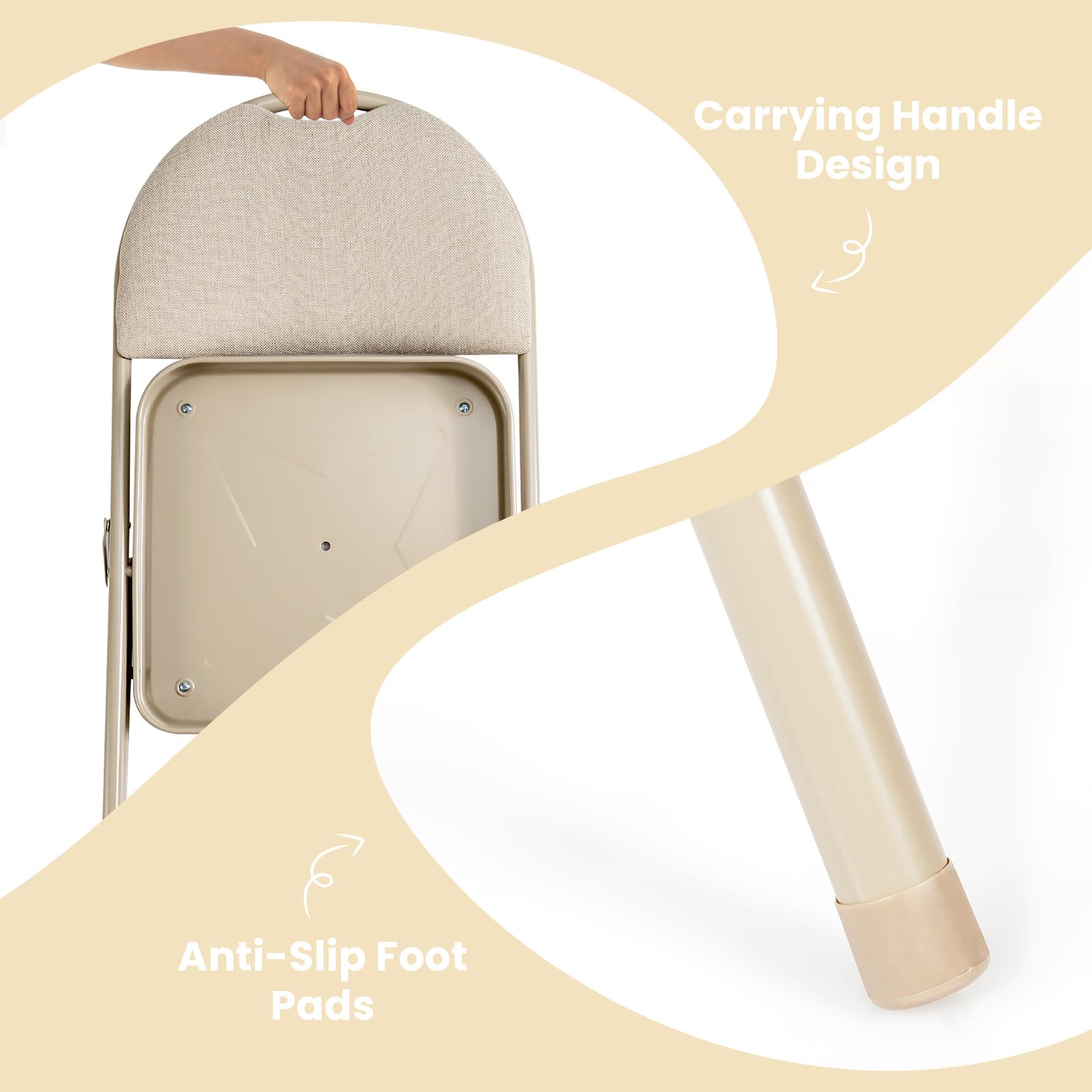 HOMASIS Set di 4 sedie pieghevoli, da cucina con schienale e manico, con struttura in metallo, pieghevole, portata fino a 120 kg, per sala da pranzo, soggiorno, ufficio (beige)