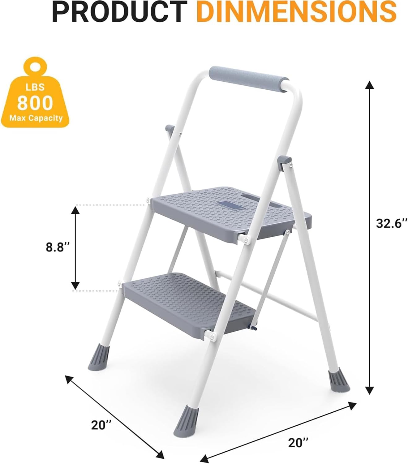 NEWBULIG 2 Step Ladder, Folding Step Stool with Safety Lock, Anti-Slip Design, Portable Foldable Ladder for Home Kitchen, Grey