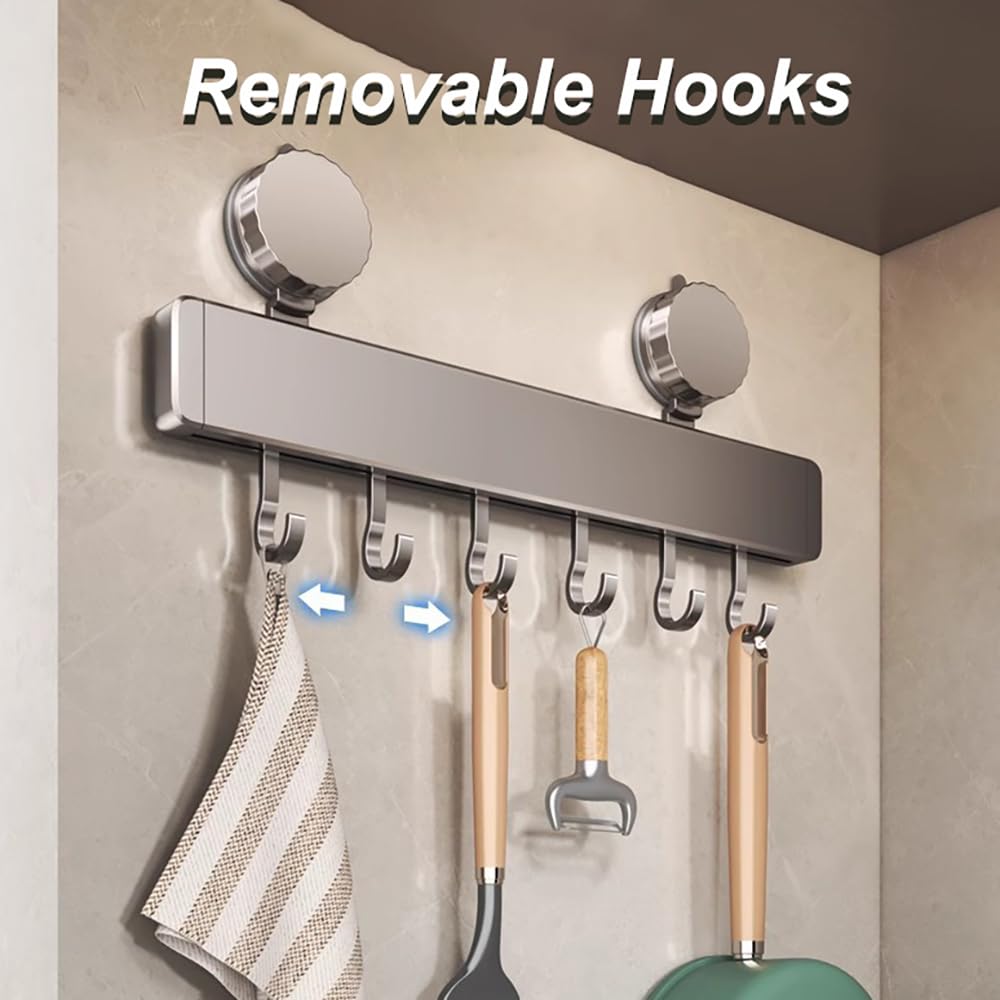 Soporte para utensilios de cocina montado en la pared con ventosa con 10 ganchos móviles, almacenamiento de aluminio duradero para utensilios y herramientas de baño