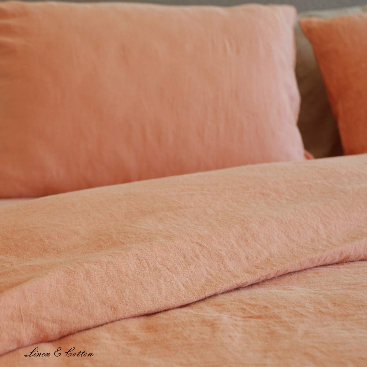 LINEN & COTTON Set Copripiumino/Biancheria da Letto in Lino Lavato (Stonewashed), (200 x 200cm) Matrimoniale, Corallo