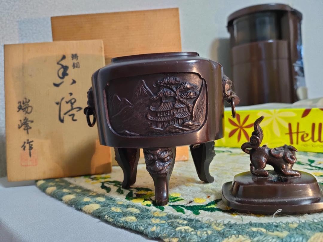 銅製 獅子 香炉 銅製 香炉 獅子蓋 宝尽くし文 銅器 茶道具 茶器 香道具