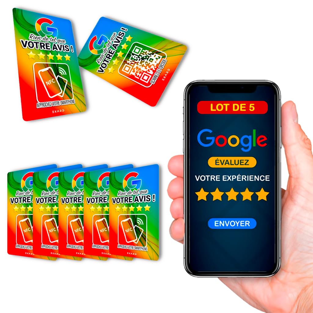 Scheda NFC + QR per raccogliere recensioni di Google | Set di 5 | Strumento di marketing locale | Compatibile con tutti gli smartphone | Facile installazione | Commercianti, Indipendenti, Negozi (5)