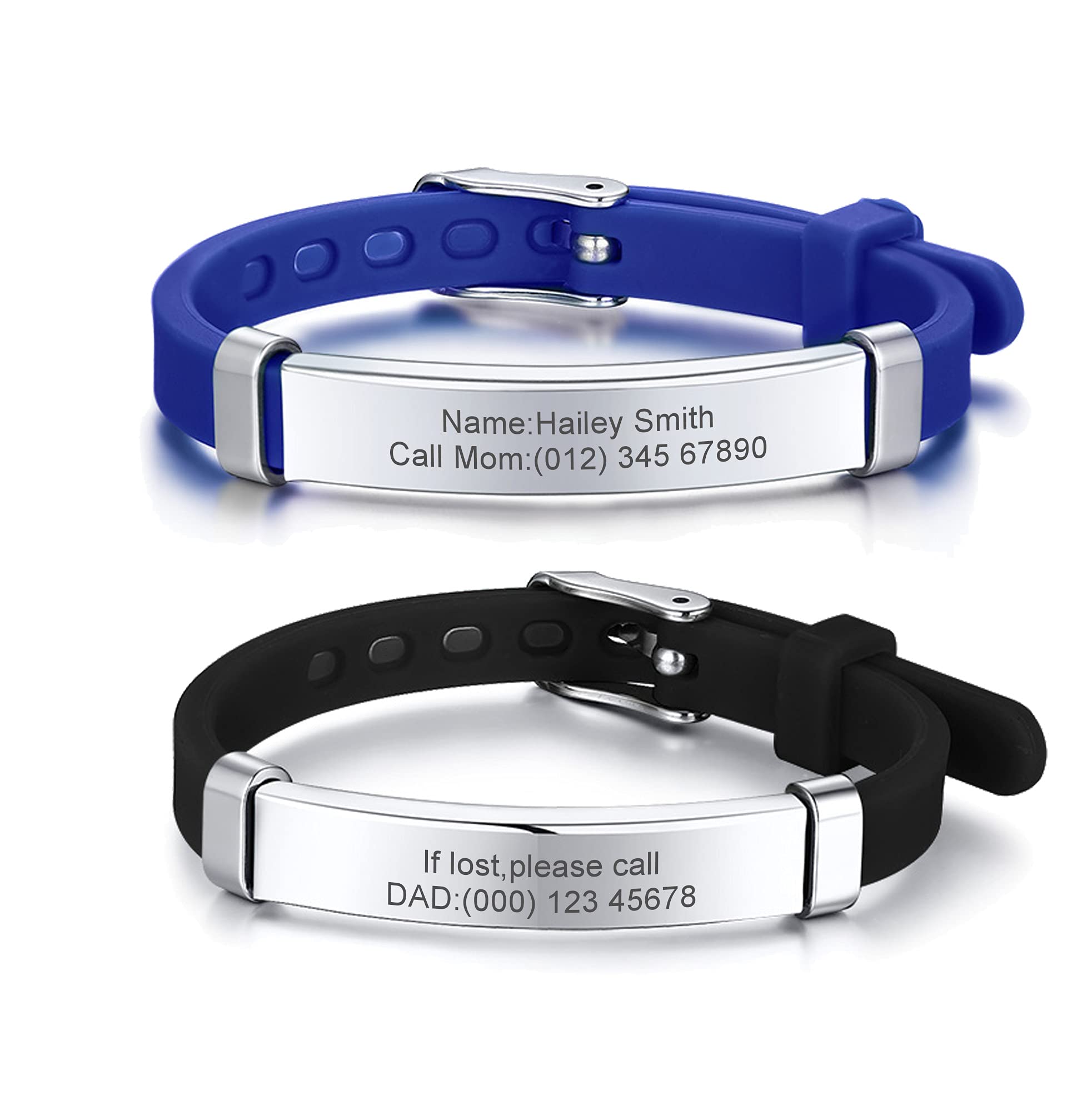 Pack of 2 Assorted Color Personalised Stainless Steel Soft Silicone Child Safety ID Bracelets Adjustable Anti-Lost ID Wristbands for Kid Girls Boys