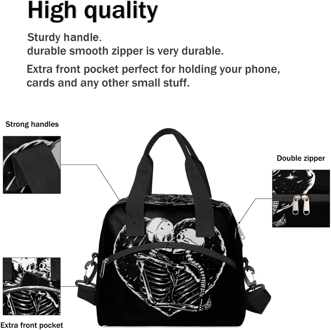 Insulated Lunch Bag Women Men Skeleton Skull Love Kiss Large Reusable Lunch Box Leakproof Lunch Tote Bag Cooler Bag with Adjustable Shoulder Strap Travel Picnic Work Beach - Image 5