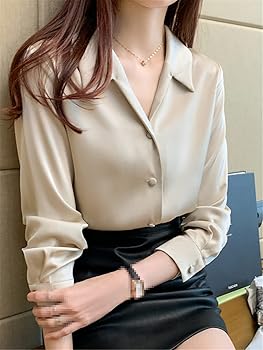 Satin Women V-Neck Shirts Vintage Long Sleeve Blouse Blouses