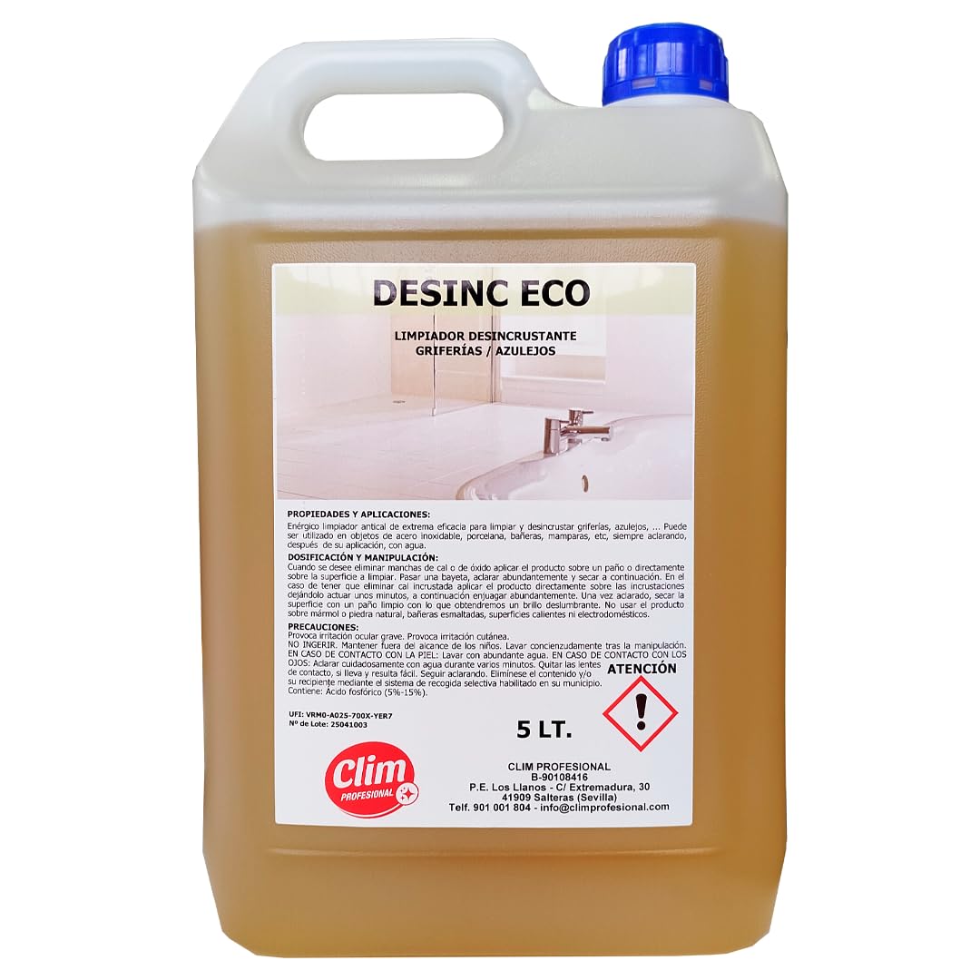 Desincrustante biológico líquido para todo tipo de superficies. Garrafa 5 L. Elimina restos orgánicos, cemento, cal, sarro, óxido, etc