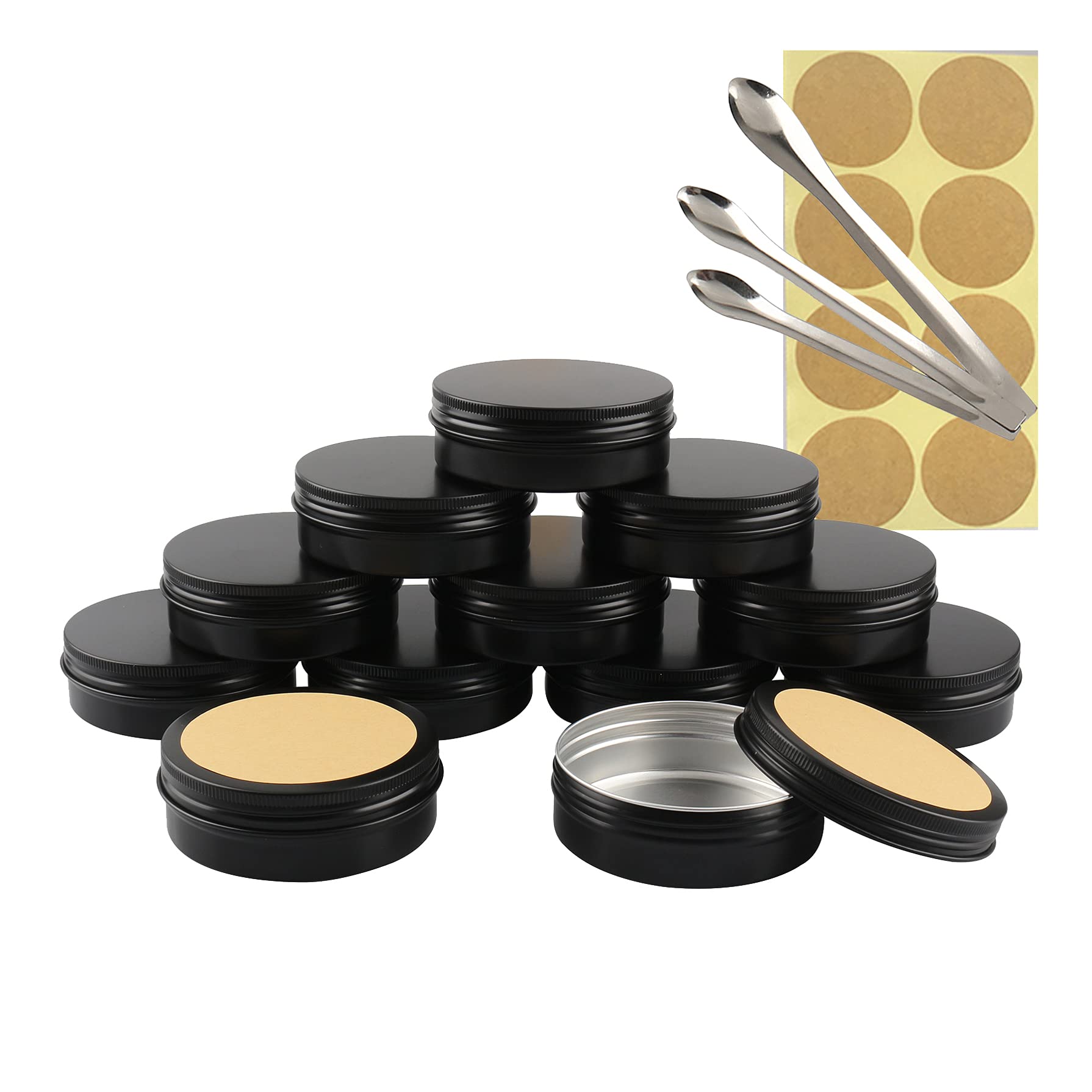 TIANZD 10 Pieces 100 ml Empty Black Round Aluminum Tin Jars with Screw Lids Cosmetics Lip Balm Containers Pots for DIY Candle Salve Salt Powder Crafts Storage Cans with 3x Spoon, 10x Labels