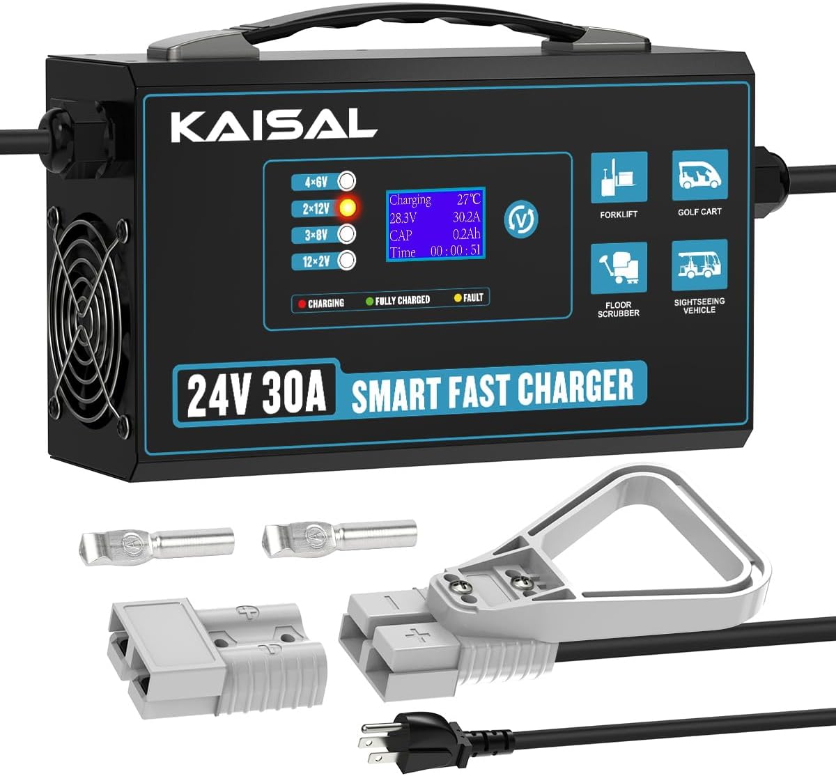 Forklift Battery Charger 24V 30A Smart Pallet Jack Battery Charger LCD Digital Display 24 Volt Forklift Charger Trickle Charger for 24V Electric Pallet Jack, Stacker, Floor Scrubber, Scissor Lifter