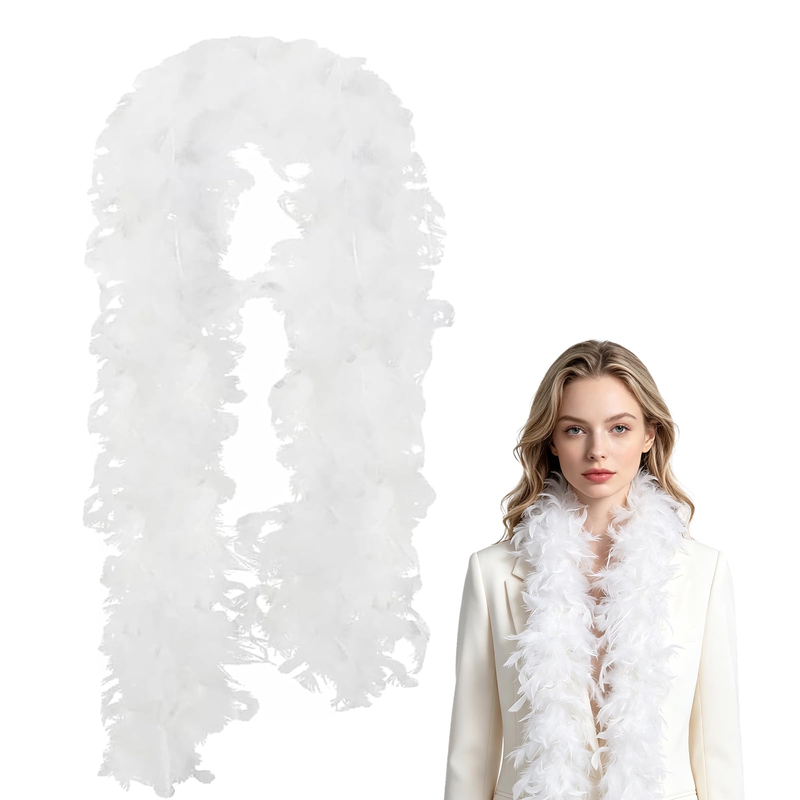 White Feather Boa 2m 60g Turkey Feather Scarf for Party Fancy Dress