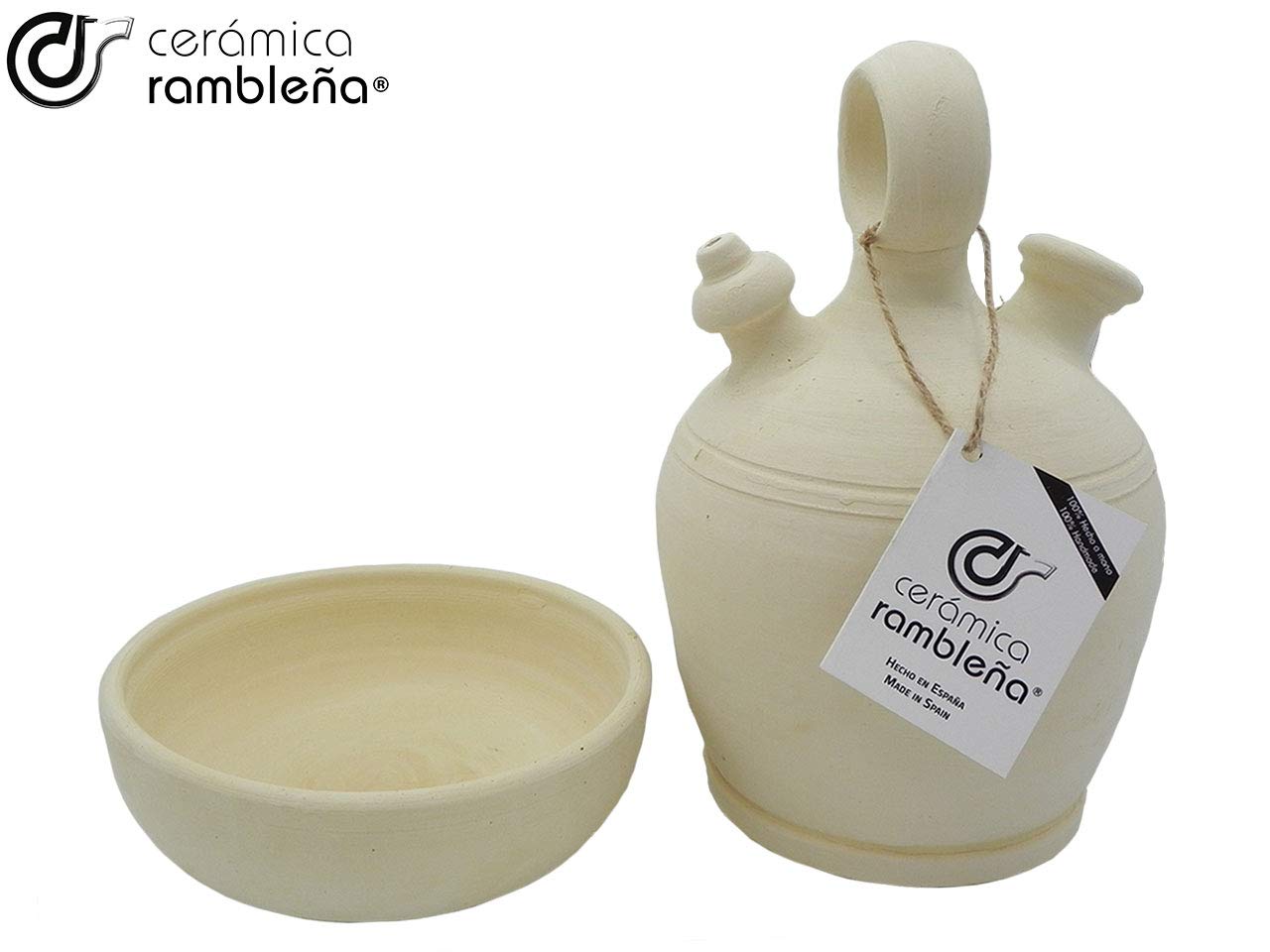 CERÁMICA RAMBLEÑA | Traditioneller Tonkrug mit rundem Henkel und breitem Boden aus La Rambla (Córdoba) | 100% Handarbeit | 3 Liter | ECO | Inklusive Schale
