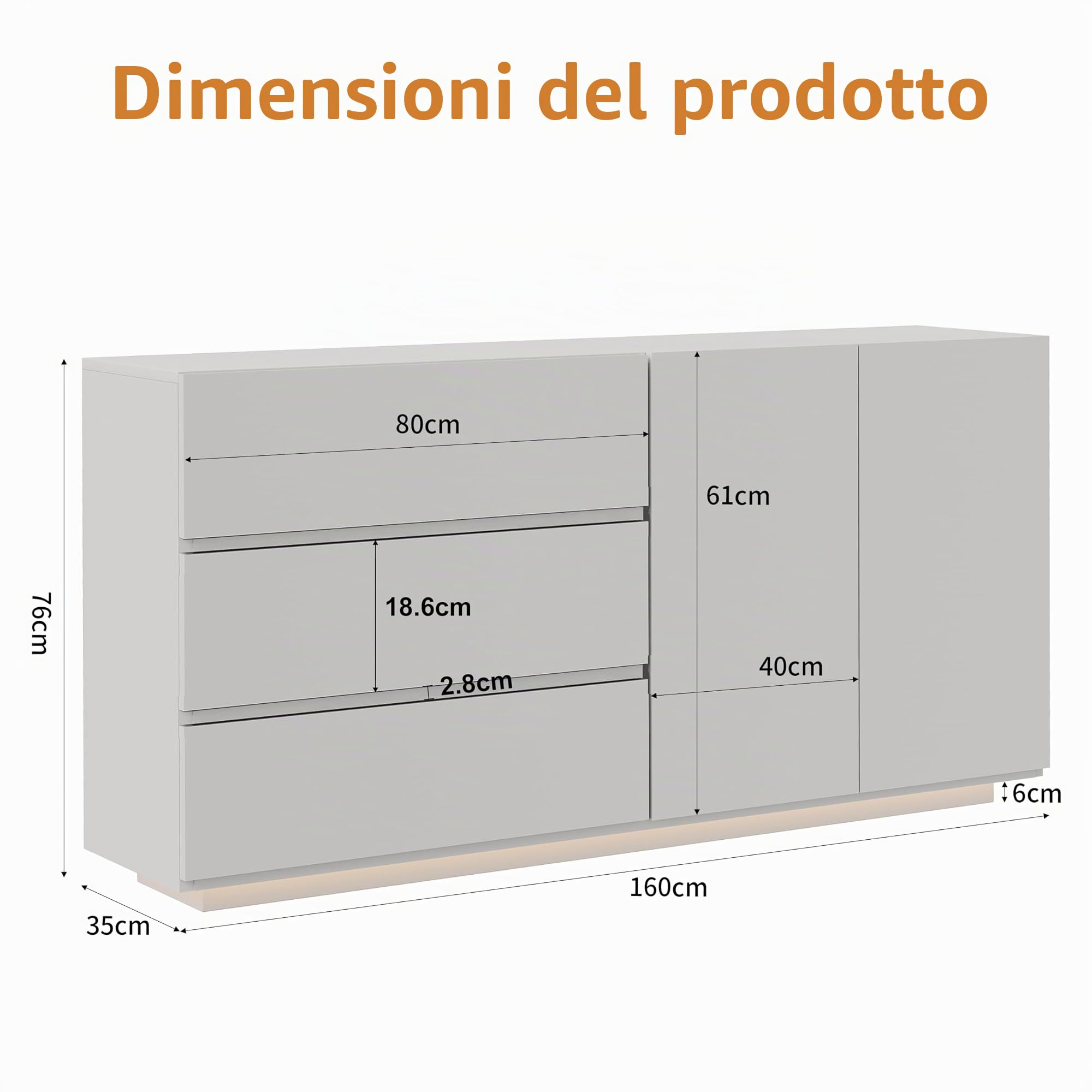 Nowoczesny biały połysk Credenza z oświetleniem LED, 3 otwory i 2 drzwi, szerokość 160 cm, do kuchni, salonu, jadalni, biura, przedpokoju, 160 x 35 x 76 cm