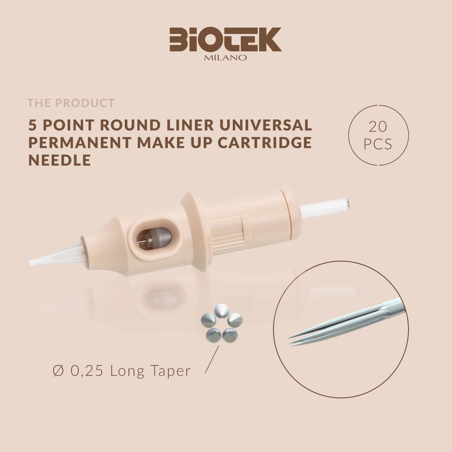 Biotek 20pcs Universal Permanent Make Up Cartridge Needle - 5 point Round Liner Ø 0,25 Long Taper