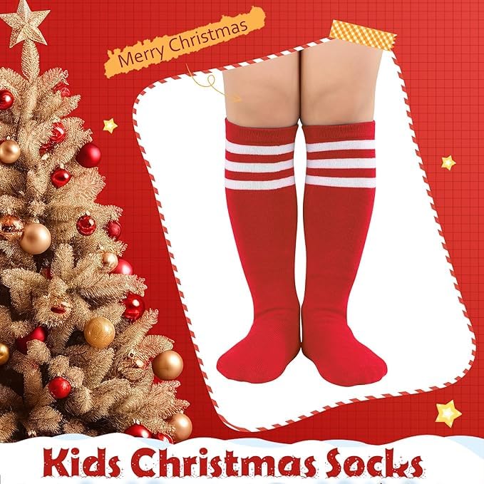 Image of Zando Kids Child Cotton Three Stripes Sport Soccer Team Socks Uniform Tube Cute Knee High Stocking for Boys Girls, K Red White Striped, One Size