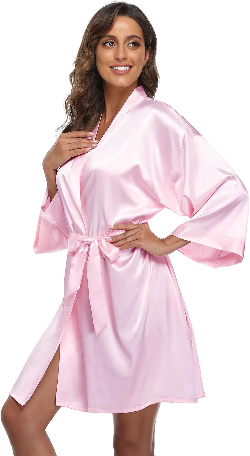 goodmansam Women's Satin Kimono Robe with Silver Rhinestones Bride Bridesmaid Robes for Wedding Party Robe Getting Ready