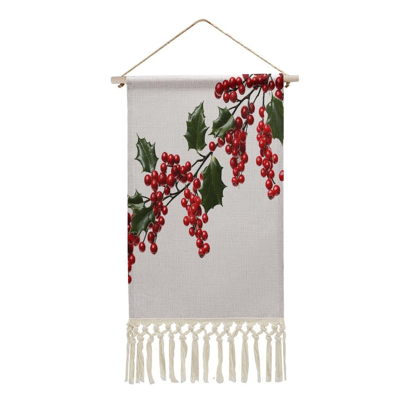 VstaDank Holly Berry Branches Wall Art Decor with Tassels 20"x10" Cotton Linen Hanging Tapestry Decor Wall Art Prints Wood Frame Boho Wall Art Poster for Bedroom Living Room Office