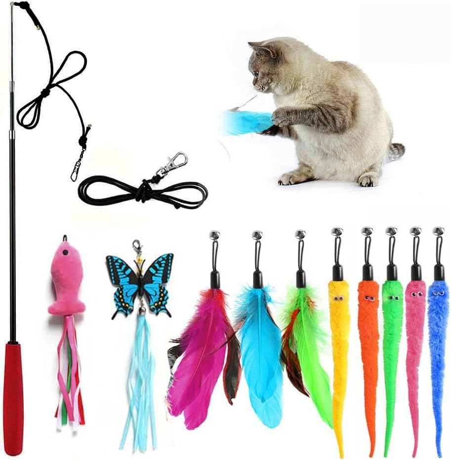 Miniatura 8 de Varita de juguete retráctil para gatos, 12 paquetes de juguetes interactivos de plumas para gatos, 9 recambios surtidos con campana para gatito