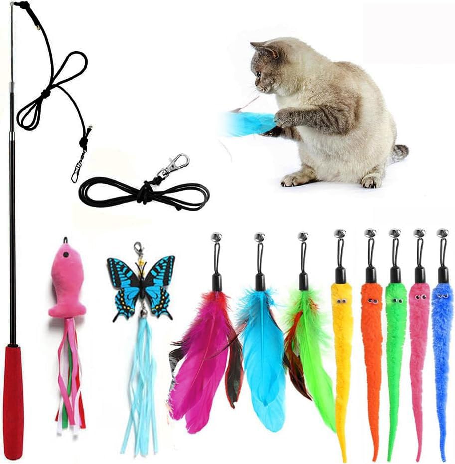 Image of Retractable Cat Toy Wand 12 Packs Interactive Cat Feather Toys | , 9 Assorted Teaser Refills with Bell for Kitten (Pink)