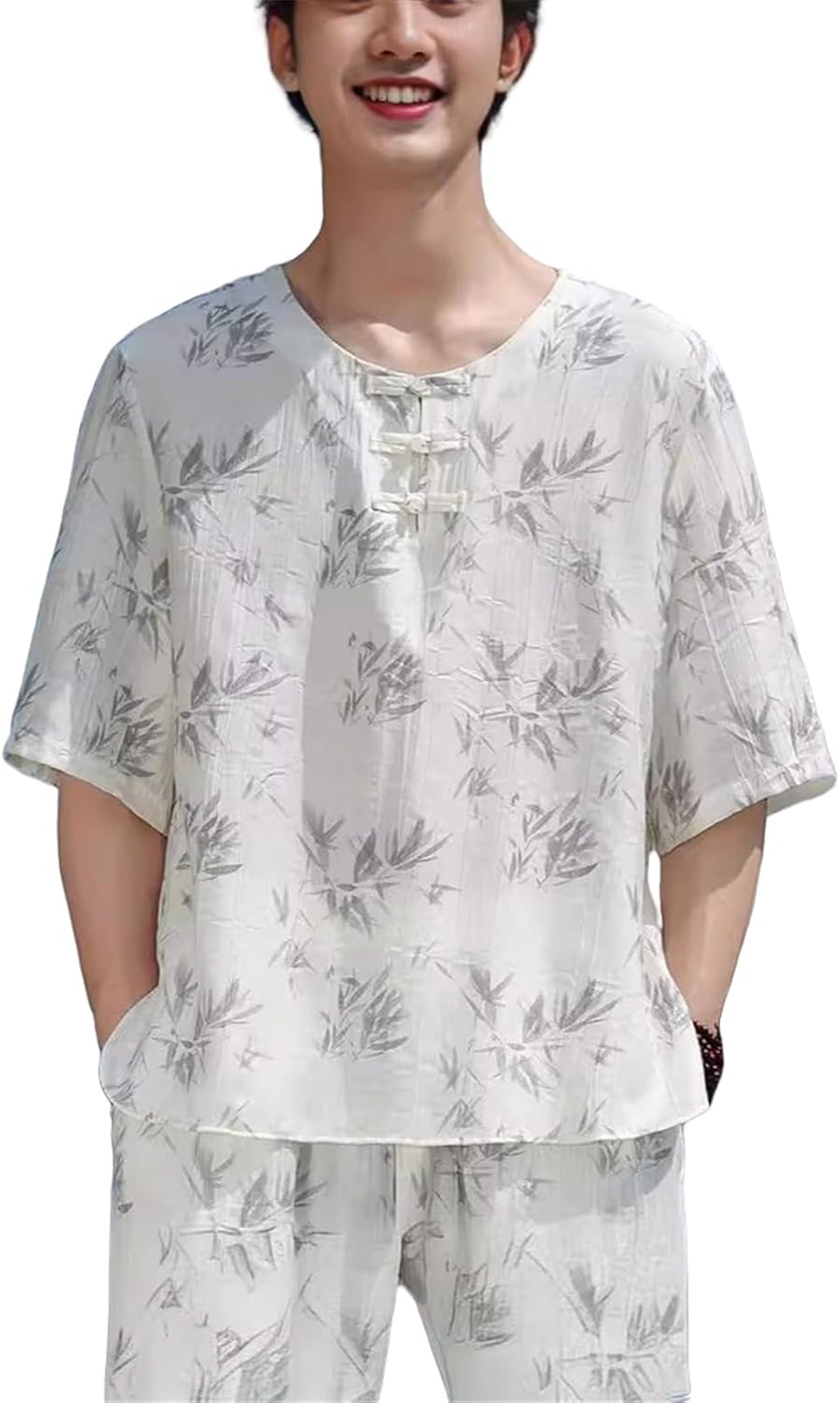 Men's Summer Chinese Style Zen Wear Ice Silk Print Frog Button Short Sleeve Shirt