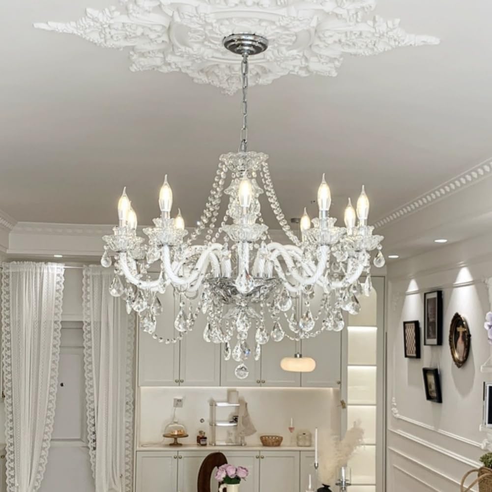 Large Modern Crystal Chandelier White 15 Light Glass Candle Chandeliers Luxury K9 Crystal Ceiling Pendant Light French Style Light Fixtures for Dining Room Living Room Bedroom