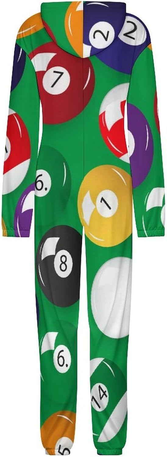 Billiards Pool Table Balls Adult Pajamas Onesie with Hood Pocket Jumpsuits One Piece Sleepwear