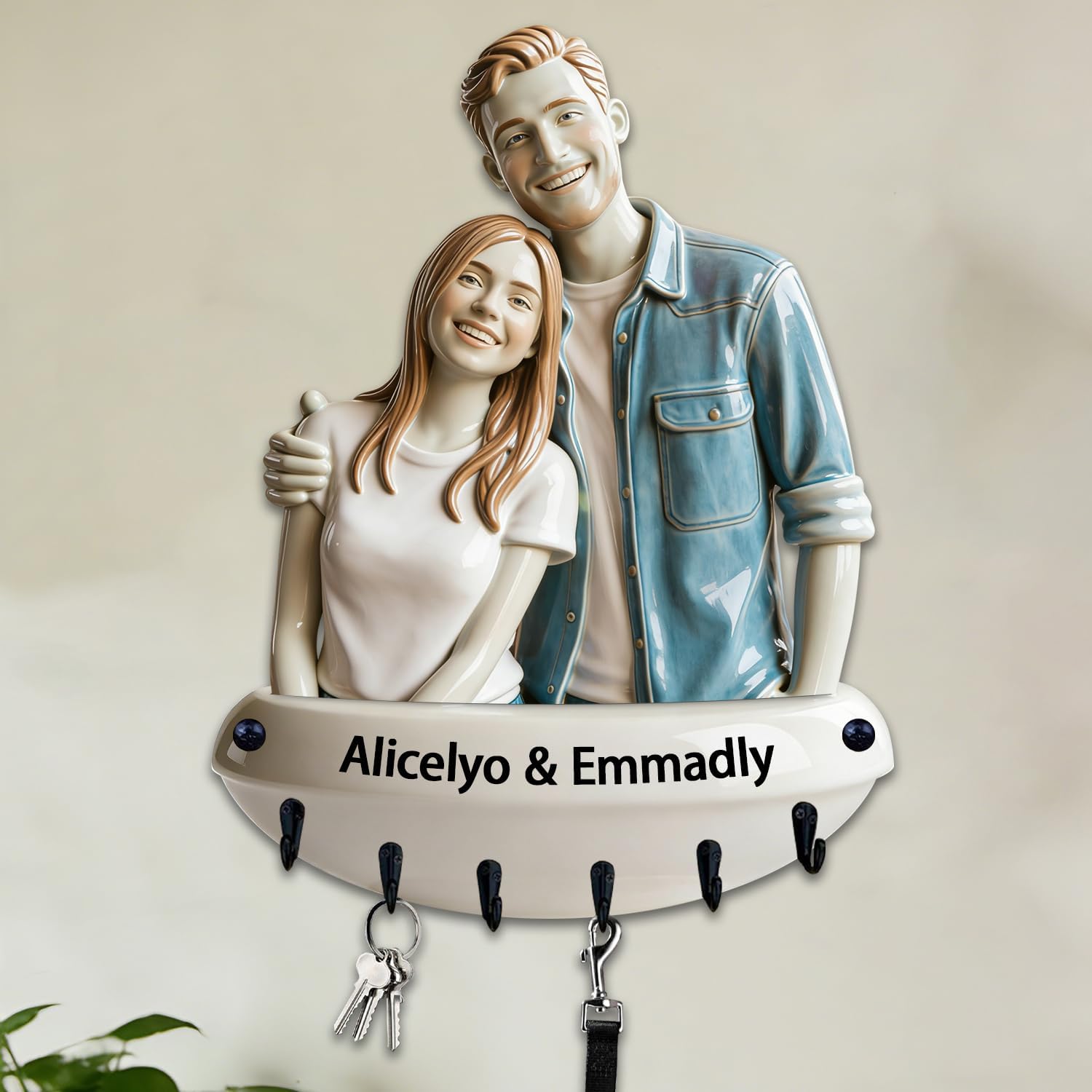 Personalized Ceramic Style Couple Photo Wall Mounted Hooks Custom 2D Flat Print Realistic Style Key Storage Holder for Bedroom Living Room Hallway Couple Photo Coat Rack Home Decor Gift for Lover