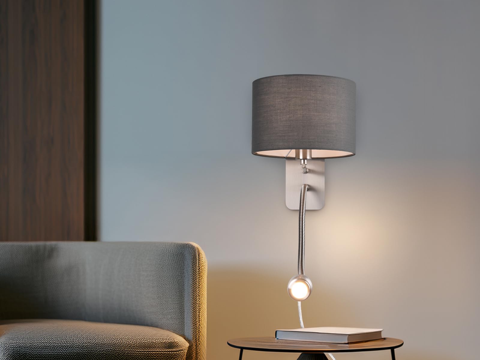 meineWunschleuchte Wandleuchte mit Leselampe, Schalter, Kabel und Stecker, Stoff Lampenschirm Grau, Korpus Metall Silber, Höhe 23,5cm inkl. stufenweise dimmbarem E14 Leuchtmittel