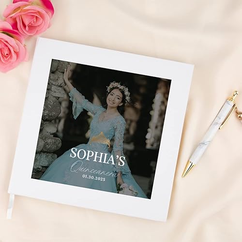 Miniatura 4 de Andaz Press Libro de invitados de quinceañera personalizado con detalles dorados, corona dorada con foto personalizada, 120 páginas de 8.5 x 8.5