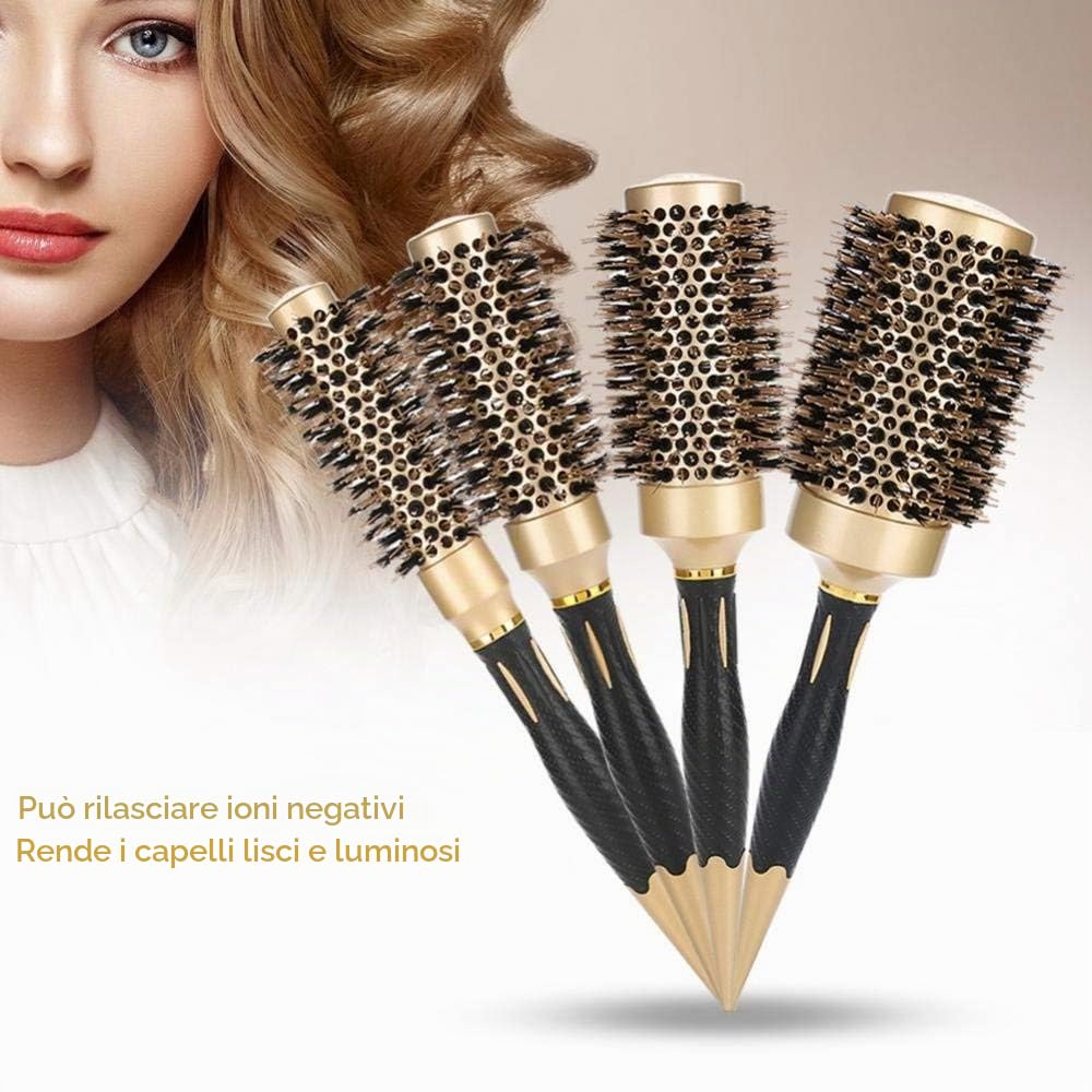Spazzole Rotonde, 4Pcs Spazzola per Capelli Rotonda in Ceramica Termica per Asciugatura a Soffio, Portatile Anioni Professionali Pettine per Parrucchiere Grandi Styling Pettine,d'oro
