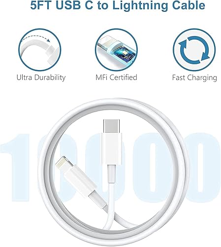 Miniatura 6 de Cargador rápido, cargador de pared PD USB C de 20 W con cable USB C a Lightning de 5 pies