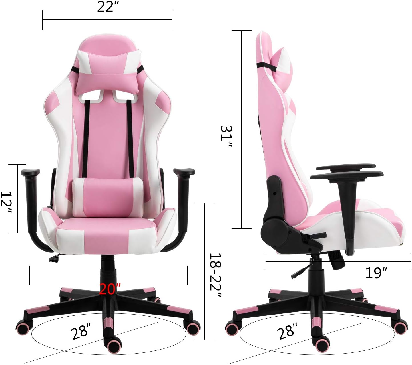 Modern-Depo Gaming Chair, Pink White Adjustable Swivel Ergonomic Office Recliner Chairs for Adults Girls