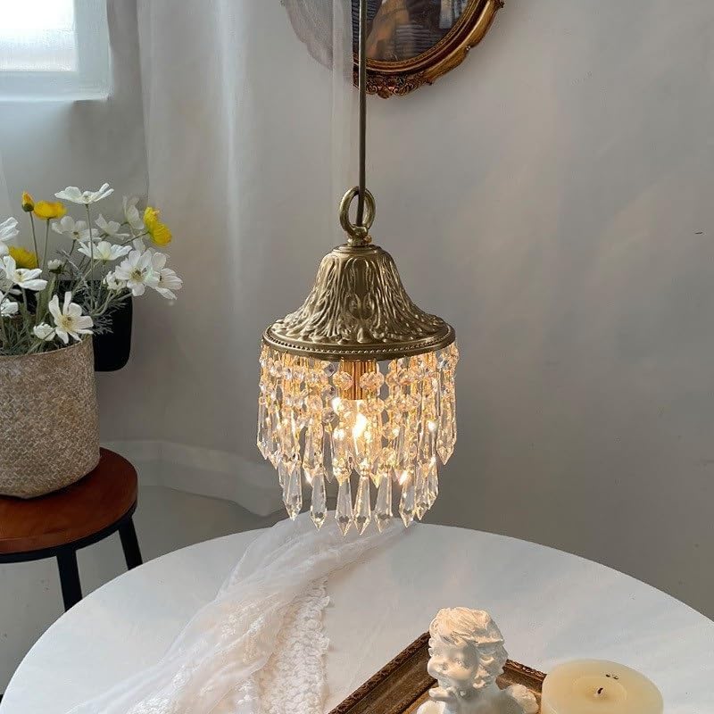 Miniatura 2 de 6.3in Pendant Light Fixtures, Mid Century Gold Metal Hanging Pendant Lamp with Tassel Crystal Decoration, Adjustable Cord E14E12 Sockets Chandelier