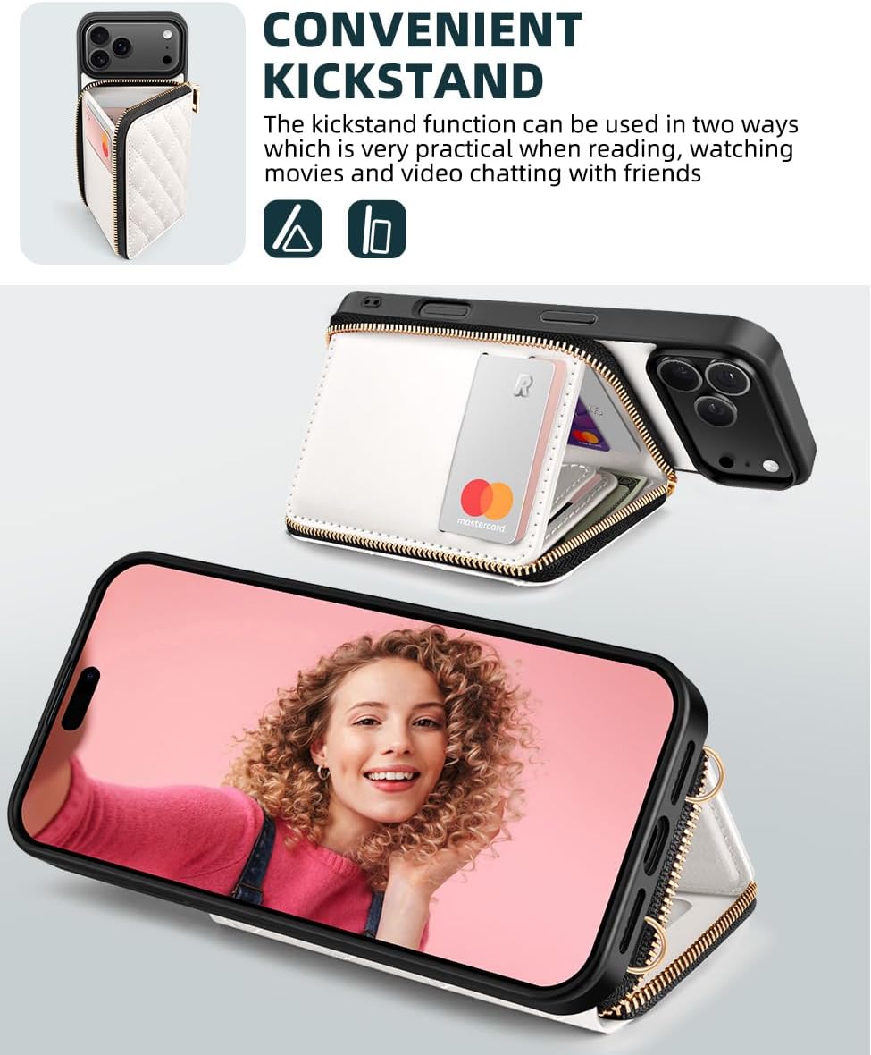OCASE Compatible with iPhone 17 Pro Max Crossbody Wallet Case with Card Holder, PU Leather Zipper Handbag Phone Purse with RFID Blocking Kickstand Wrist Strap Lanyard 6.9 Inch, Diamond Check White