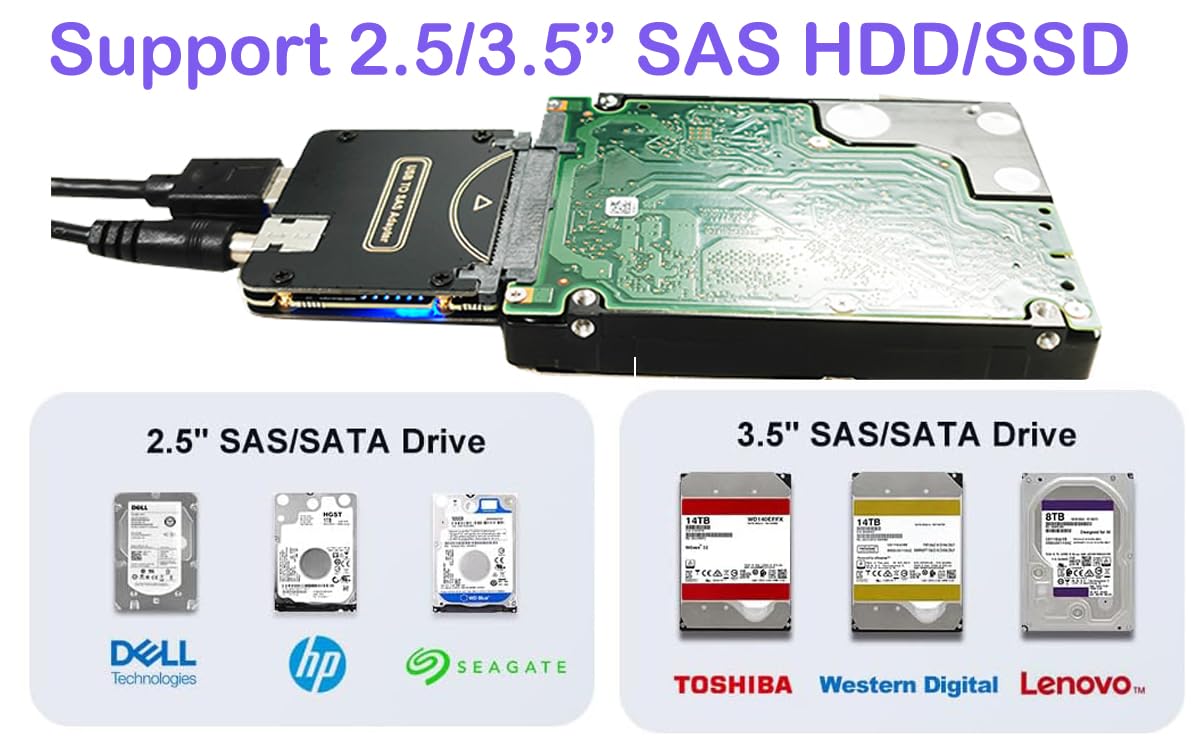 Sintech Tarjeta adaptadora SAS a USB 3.0, USB 3.0 tipo A, SAS SATA, lector de carcasa de disco duro para HDD SSD de 2.5 y 3.5 pulgadas