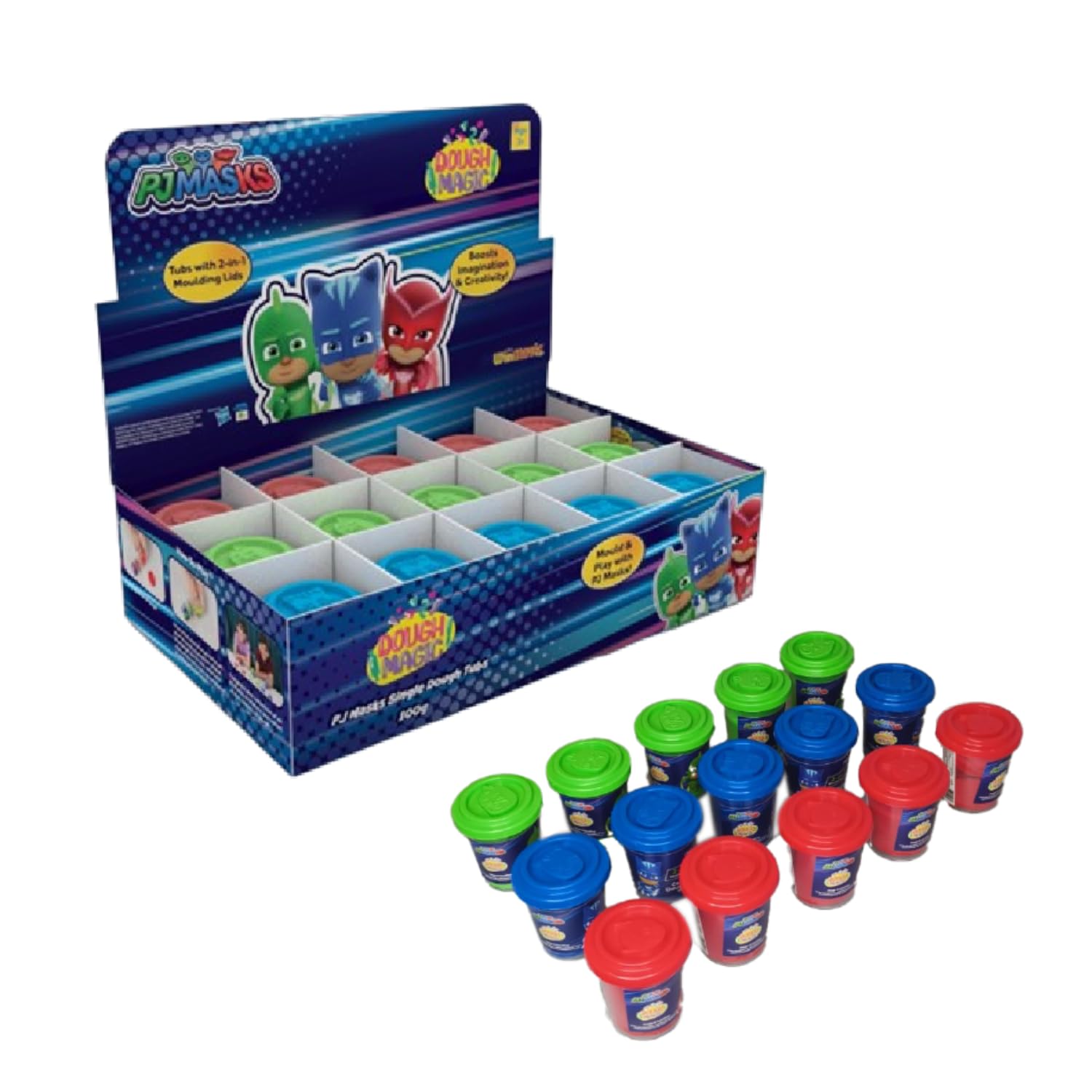 PJ Masks with 2 in 1 Moulding Lid Pack of 15 Tubs 100gm Each|Soft Water Based Dough|Fun with Dough|Non-Toxic|for Kids 3 Years+|Art & Craft Activity|Birthday & Return Gifts|Made in India