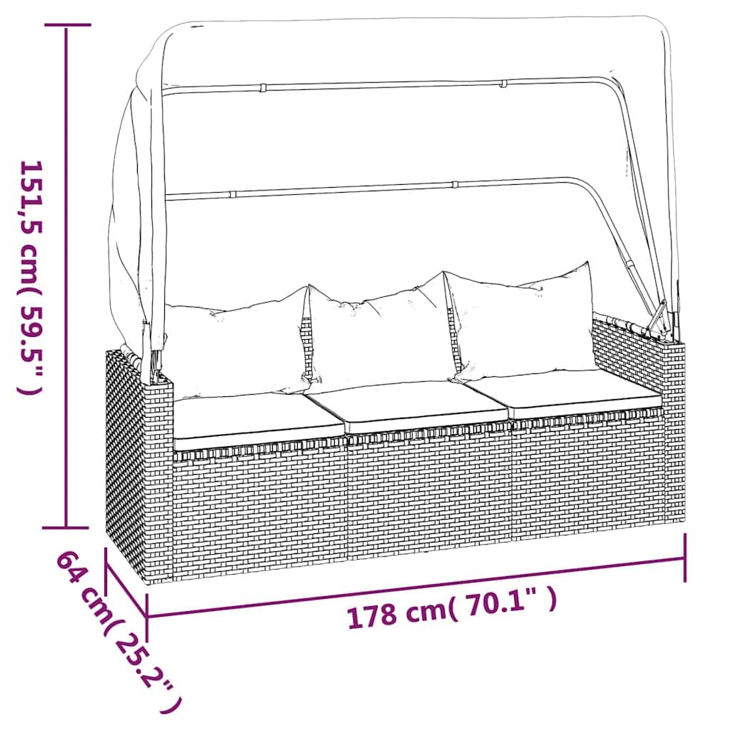 vidaXL Gartensofa 3 Sitzer, Sofa mit faltbaren Dach, Couch mit Fußhocker, Relaxsofa Dreisitzer Terrassensofa Gartenmöbel, Grau Poly Rattan