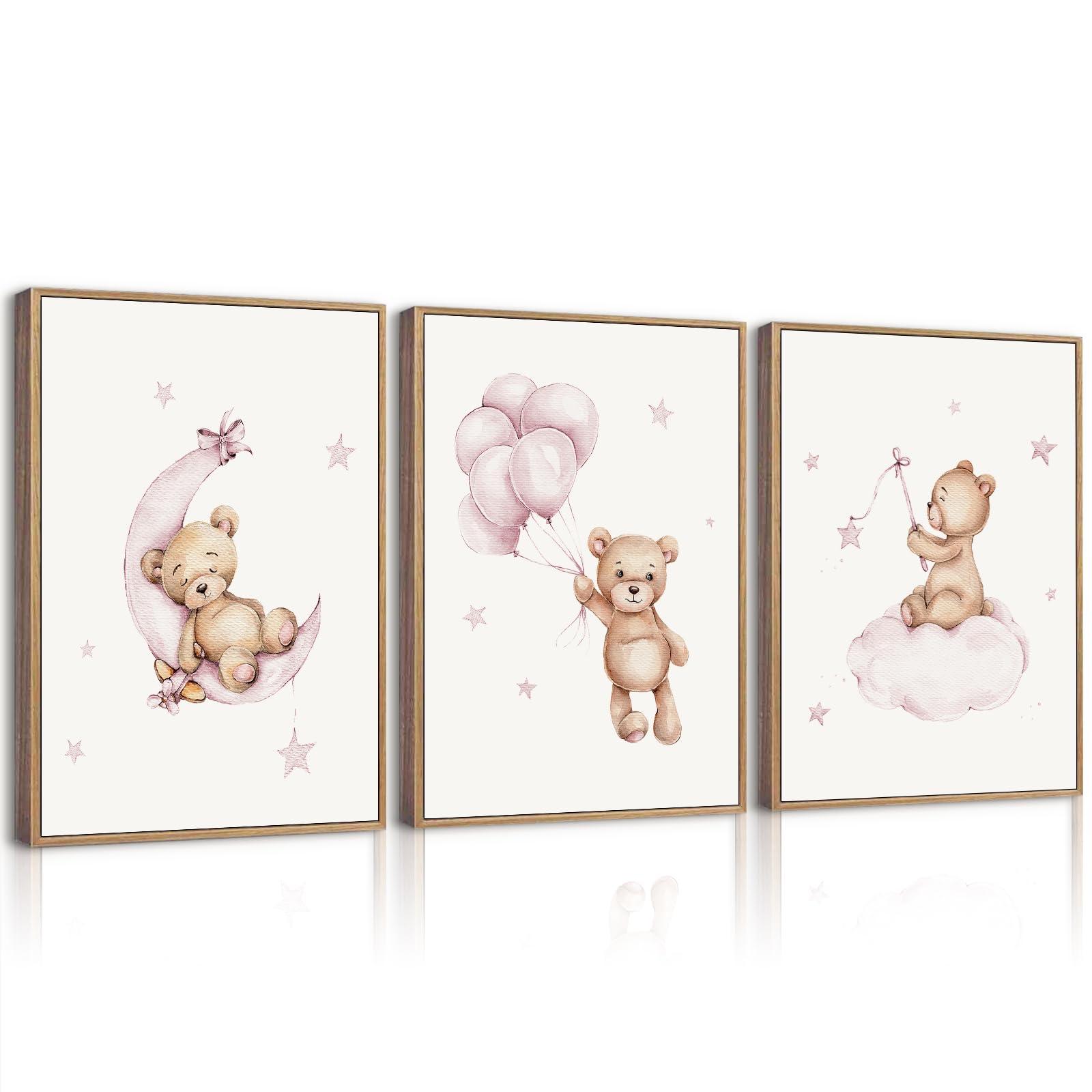 Bear Nursery Wall Art Decor Set of 3 Teddy Bear Wall Art Baby Girl Canvas Wall Decor Pink Pictures Balloon Nursery Children Prints Artwork Moon Star Cloud Art for Boys Room Bedroom 12x16 Inch Unframed