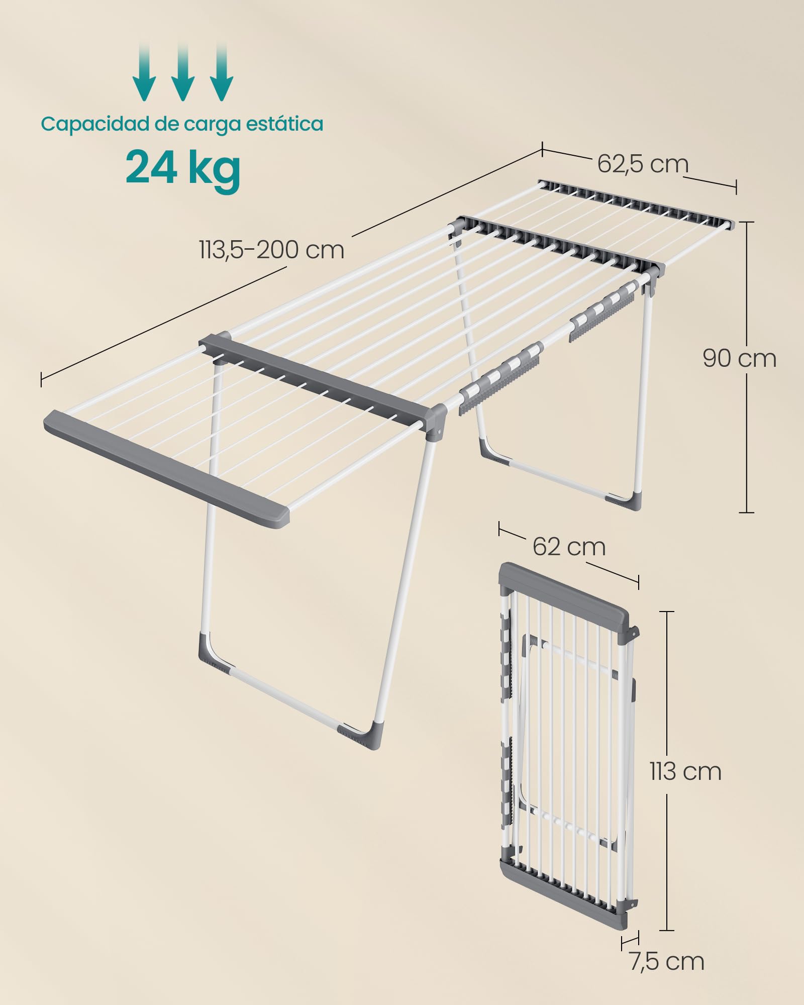 SONGMICS Tendedero para Ropa, Tendedero de Pie, Alas Extensibles, 22 m de Superficie de Secado, con Porta Calcetines, Plegable, Blanco Perla y Gris Paloma LLR522WK01